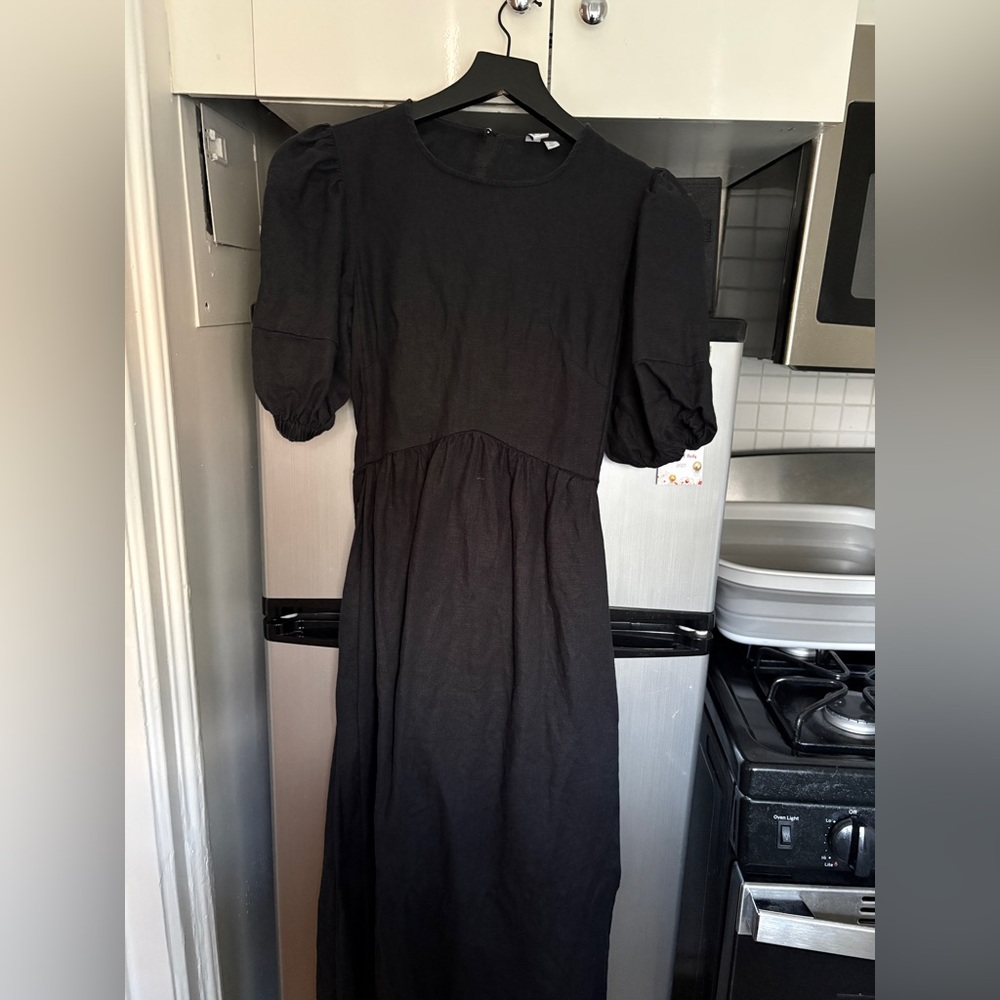 & Other Stories Black/Blue Denim-ish Puff-Sleeve Midi Dress
